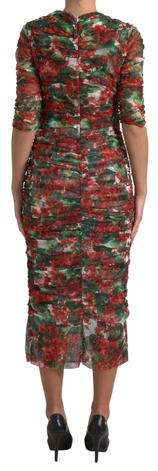 Dolce & Gabbana Red Floral Print Tulle Sheath Midi Dress