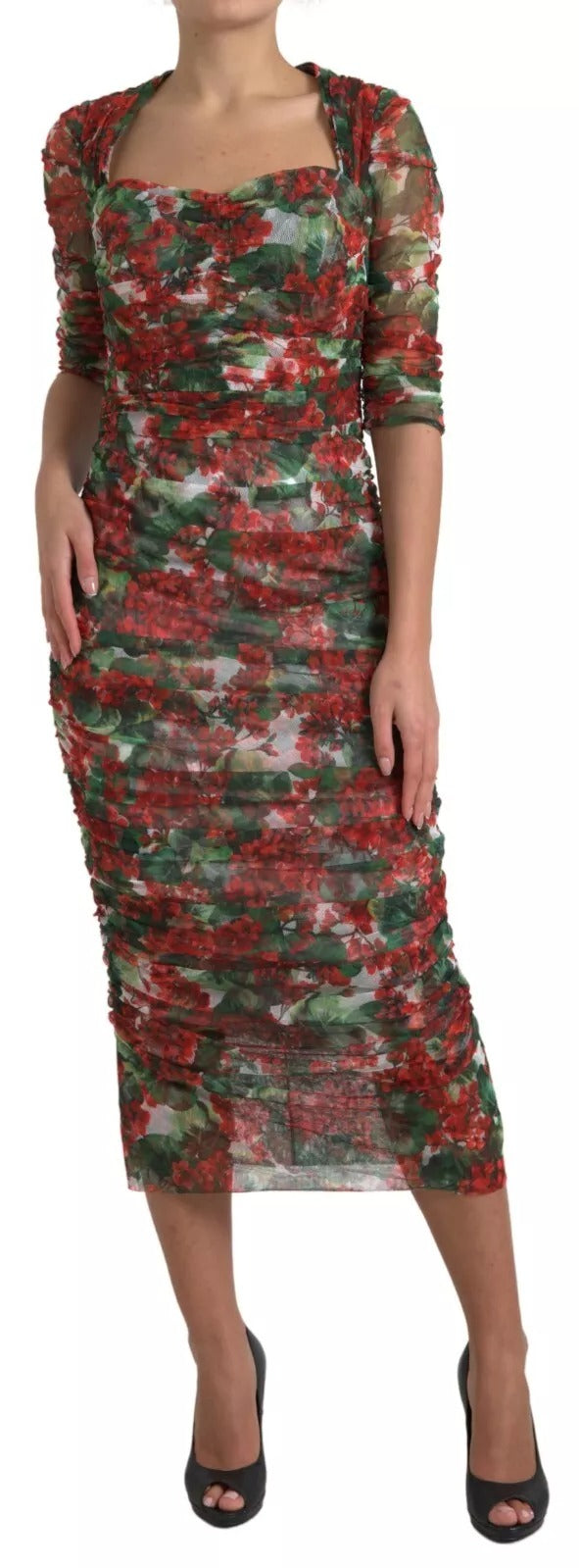 Dolce & Gabbana Red Floral Print Tulle Sheath Midi Dress