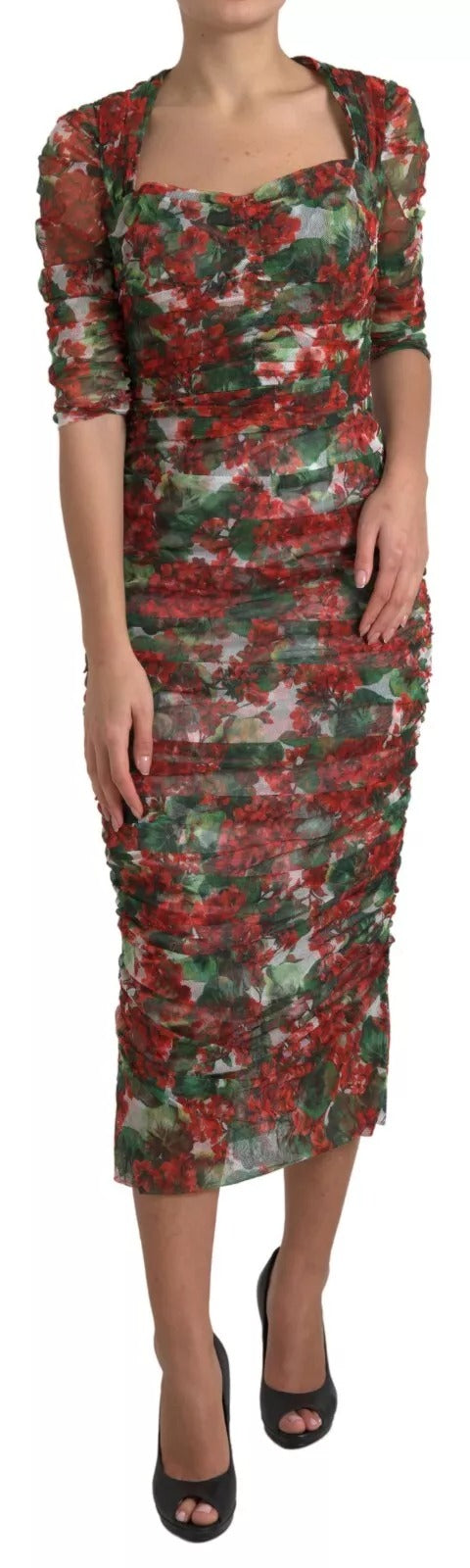 Dolce & Gabbana Red Floral Print Tulle Sheath Midi Dress